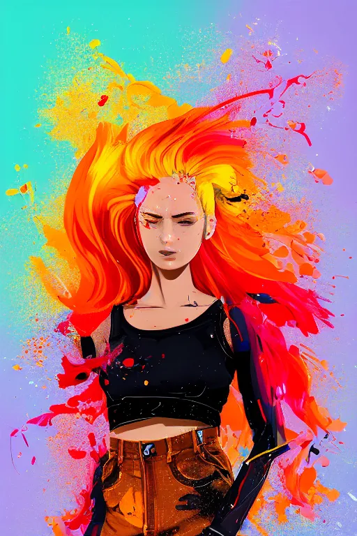 Image similar to a award winning half body portrait of a beautiful woman in a croptop and cargo pants with ombre red orange yellow hairstyle with head in motion and hair flying, paint splashes, splatter, outrun, vaporware, shaded flat illustration, digital art, trending on artstation, highly detailed, fine detail, intricate