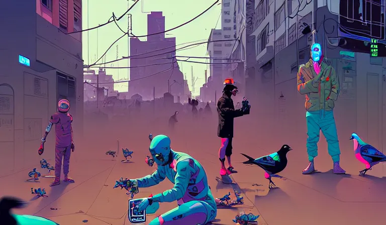 Prompt: cyborg feeding electric pigeons at a dirty crowded streetcorner, cyberpunk, by Josan Gonzalez and Tomer Hanuka, bokh, dof