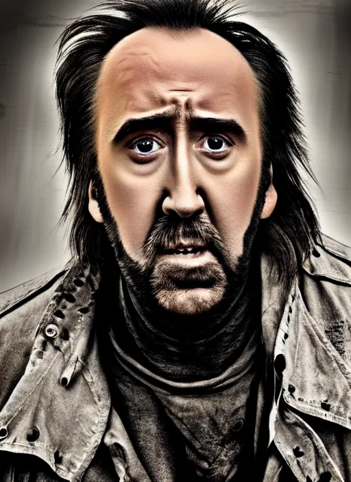 Prompt: Homeless portrait Nicolas Cage in scrappy clothing, HD, award winning photograph