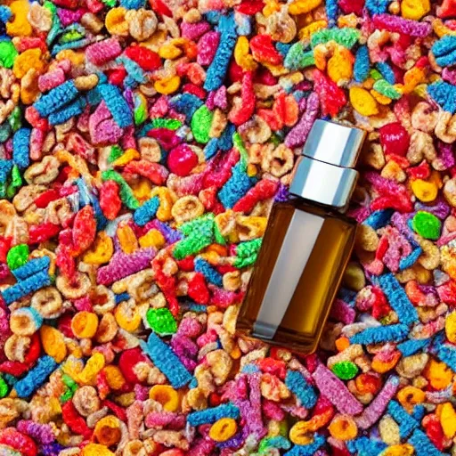 Image similar to a bottle of By Kilian 'Love Don't Be Shy' perfume, the bottle of perfume is laying on cereal, the cereal is Kelloggs Fruity Pebbles, high resolution photo,