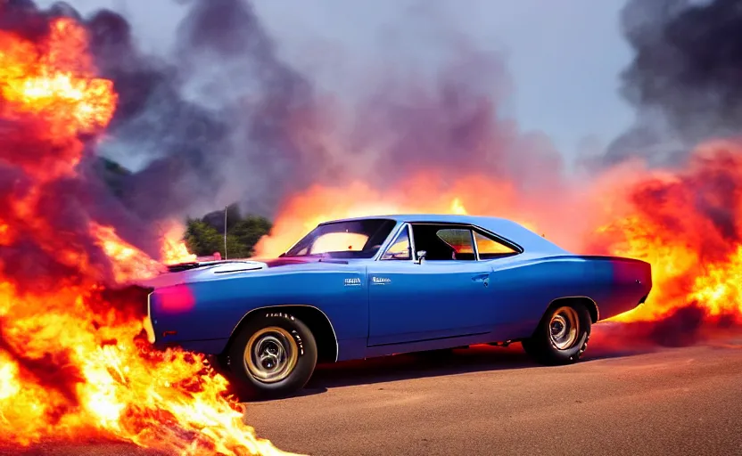 Image similar to a blue 1 9 7 0 plymouth road runner superbird driving high speed, fire explosion in the background, action scen. low camera realistic. high resolution. dramatic