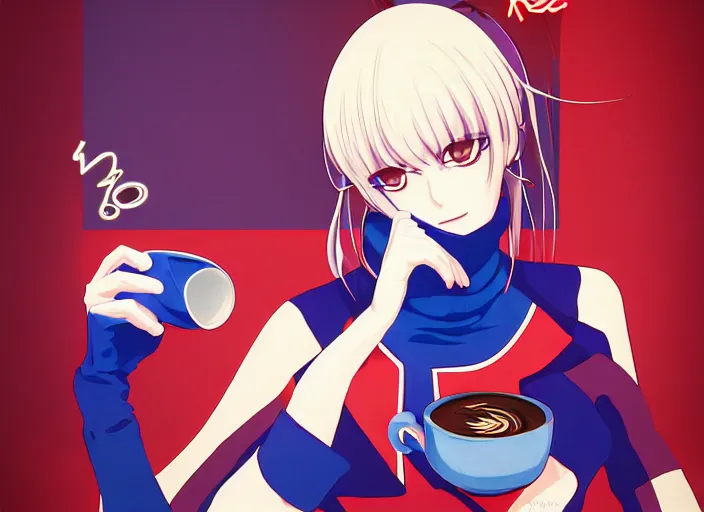 Image similar to anime KOF Kula Diamond drinking coffee, Karolis Strautniekas,omoide emanon, tsuruta kenji, murata range,kawaii, kyoto animation, manga, intricate, detailed, studio lighting, blue red black, gradation,editorial illustration, matte print, Ilya Kuvshinov