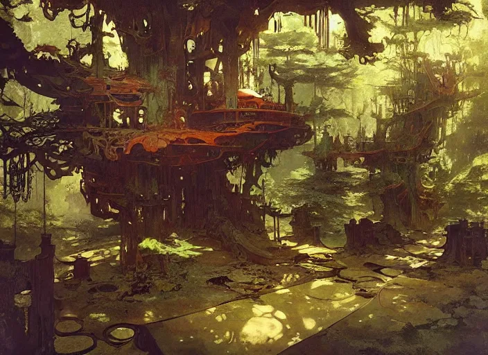 Image similar to treehouse interior, intricate, elegant, highly detailed, vivid colors, john harris, frazetta, tyrus wong, ruan jia, jeffrey catherine jones