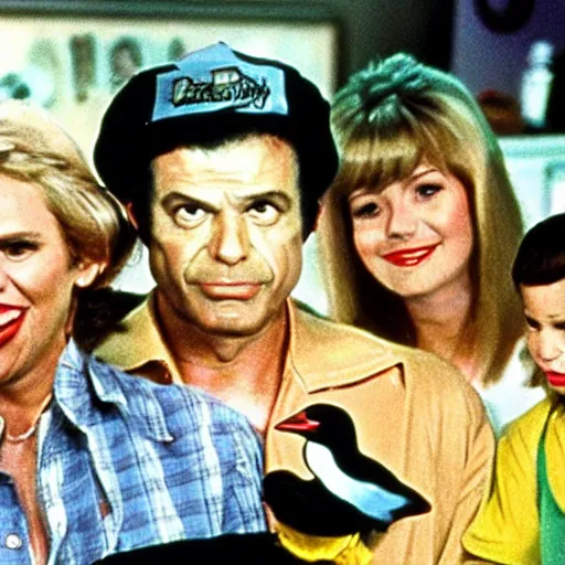 Prompt: screenshot of the crying family with the mallard in Al's diner from 70s comedy TV show unhappy days