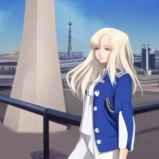 Prompt: platinum - blonde - haired long bob cut blue - eyed princess wearing white leggings and black jacket, standing next to communist monument, communist city, dictatorship of the proletariat, anime, hd anime wallpaper, hyperrealistic lighting, volumetric lighting, drawn by artgerm