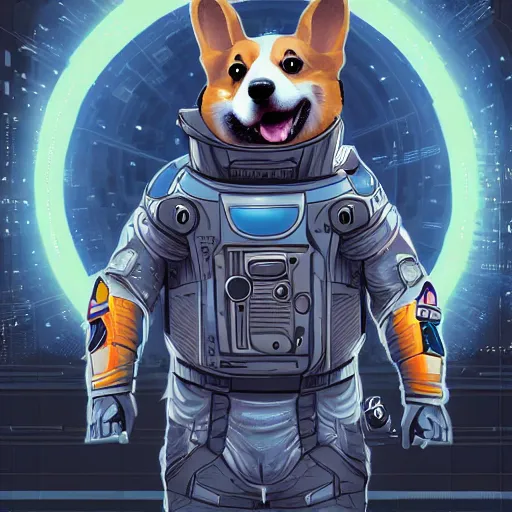 Image similar to a corgi android in space, cyberpunk, detailed digital illustration