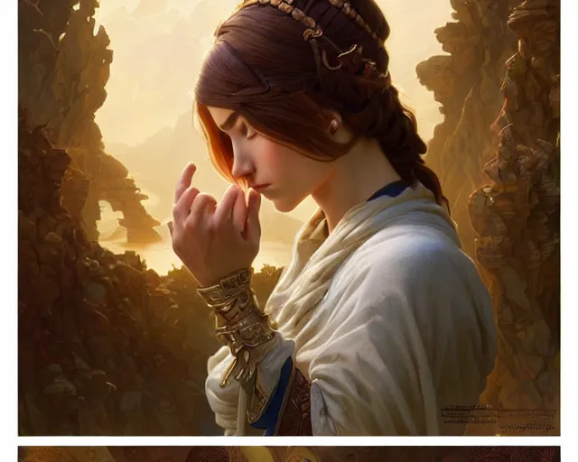 Image similar to a puzzled goose trying to find inner peace, deep focus, d & d, fantasy, intricate, elegant, highly detailed, digital painting, artstation, concept art, matte, sharp focus, illustration, hearthstone, art by artgerm and greg rutkowski and alphonse mucha