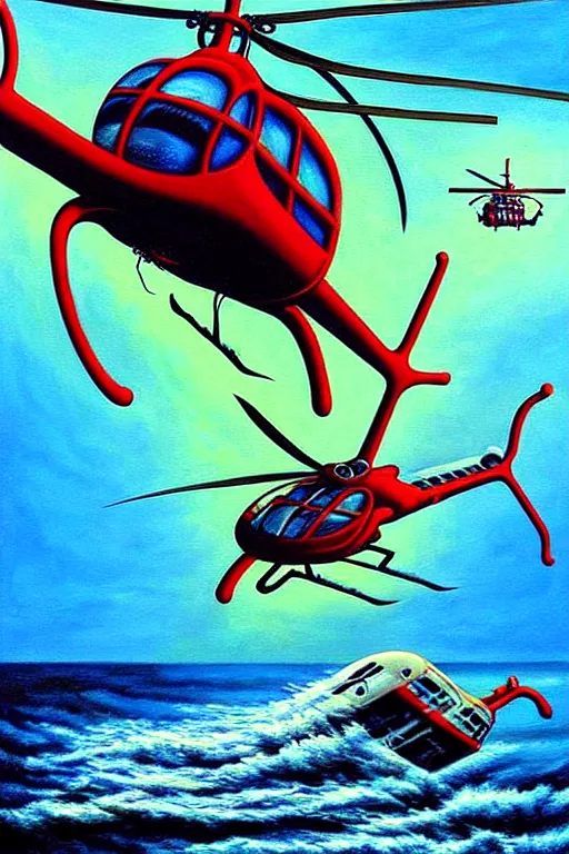 Image similar to a hyperrealistic painting of a helicopter being dragged into the water be sea creature, cinematic horror by chris cunningham, lisa frank, richard corben, highly detailed, vivid color,