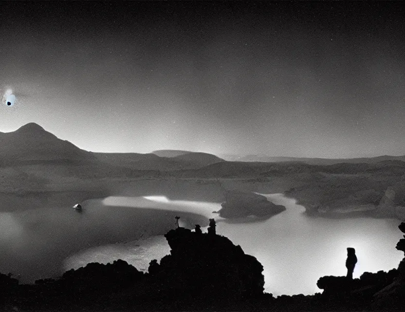 Image similar to wanderer, eerie, greek fantasy panorama, a magnificent lizard ghost giant above the magic shining river styx, at night, otherworldly, ghost giant above the horizon, stanley kubrick, 1 7 mm, wide shot, surreal, deep