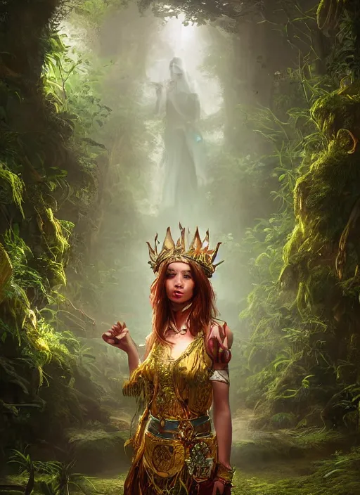 Image similar to Beautiful art portrait of a female fantasy priestess in a bright temple surrounded by lush forest, atmospheric lighting, intricate detail, cgsociety, hyperrealistic, octane render, RPG portrait, ambient light, dynamic lighting