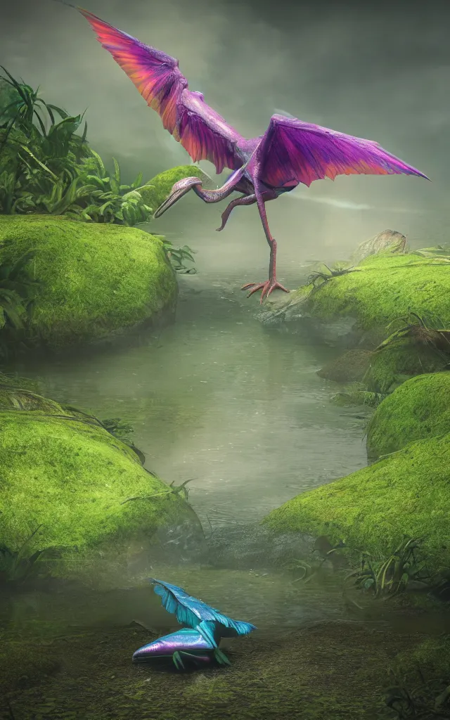 Prompt: iridiscent rainbow dim pterodactyl lying in a swamp, moss and mud, photography, 3d octane render