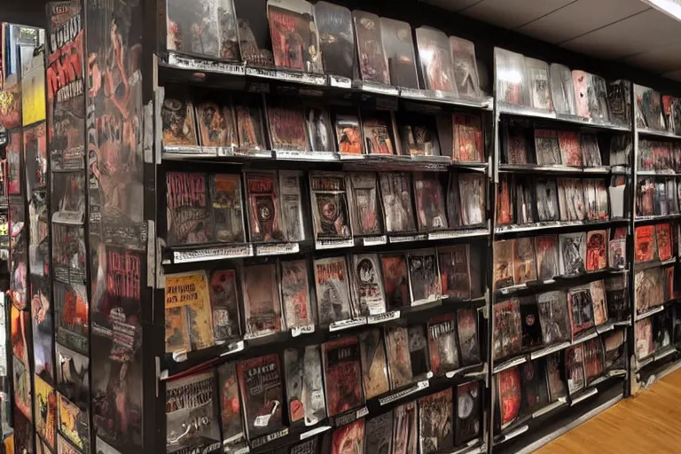 Image similar to Interior design, horror movie inspired vhs rental store, with a lot of posters and movies on the shelves, people trying to choose a good movie, hyper realistic, highly detailed, concept art, low key lighting, high dynamic range, depth of field