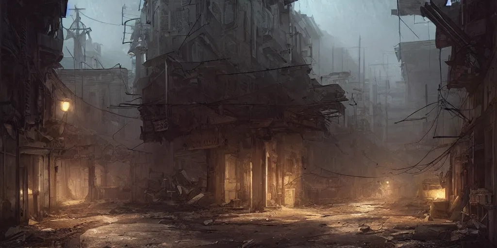 Image similar to A deserted street in a deserted decayed modern town at night, dystopia, intricate, highly detailed, digital painting, artstation, concept art, sharp focus, illustration, art by greg rutkowski and john howe