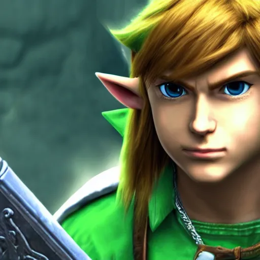 Prompt: Link in Hyrule, hyperrealistic photography, dark, moody 35mm 4k imax ultra high resolution graphics