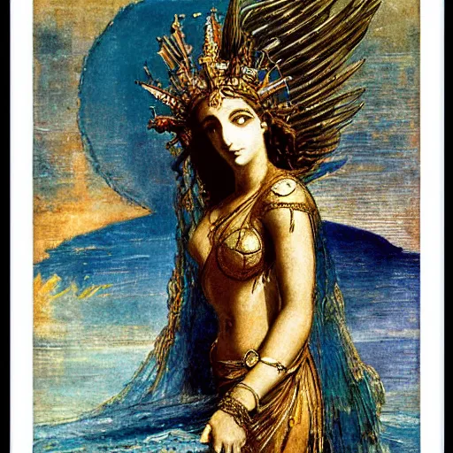 Prompt: Goddess of the Atlantis by Saul Bass, by Gustave Moreau