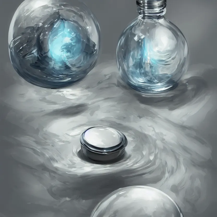 Prompt: concept art of luxury very modern dietary supplement with white liquid in a round transparent bottle with big black sticker on it, by aenaluck, artgerm and roberto ferri and greg rutkowski, light blue and white tones, digital painting, artstation, concept art, smooth, sharp foccus ilustration hq