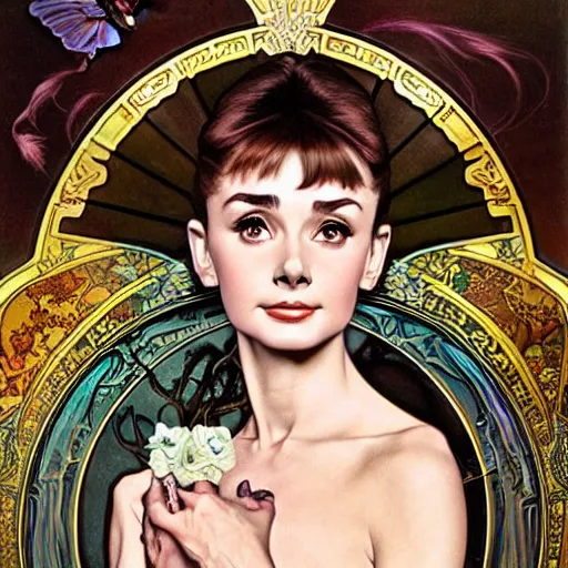 Prompt: realistic detailedfull-body portrait of 14-year old Audrey Hepburn with parted lips and anxious eyes by Alphonse Mucha, Ayami Kojima, Amano, Charlie Bowater, Karol Bak, Greg Hildebrandt, Jean Delville, and Mark Brooks, Art Nouveau, Neo-Gothic, gothic, rich deep colors