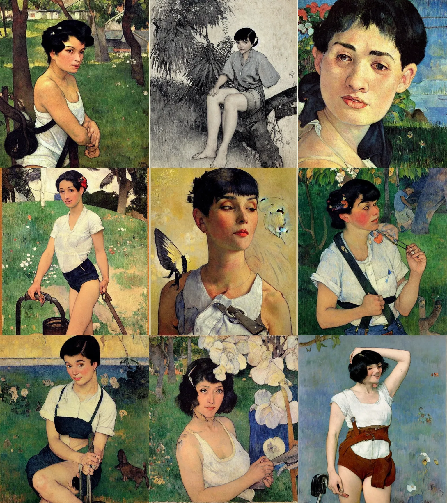 Image similar to a woman with black hair and long pixie haircut in shorts with suspenders and white t-shirt drawn by Paul Gauguin, norman rockwell, frank frazetta, alphonso azpiri, maler collier, peter paul rubens, alphonse mucha, gustav klimt 4k, unreal 5, DAZ, french noveau, trending on artstation, octane render, hyperrealistic