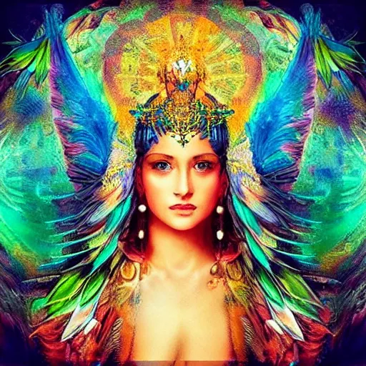 Image similar to “a stunning portrait of goddess of bird, fantasy art, beautiful colors, dramatic”