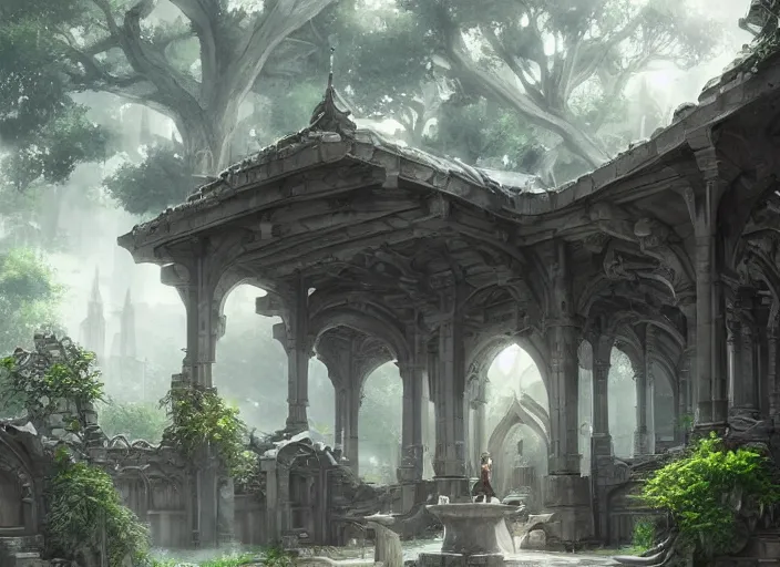 Image similar to Blacksmith building inside a beautiful elven city made of white marble, anime, lush trees, fountain, a fantasy digital painting by Greg Rutkowski and James Gurney, trending on Artstation, highly detailed