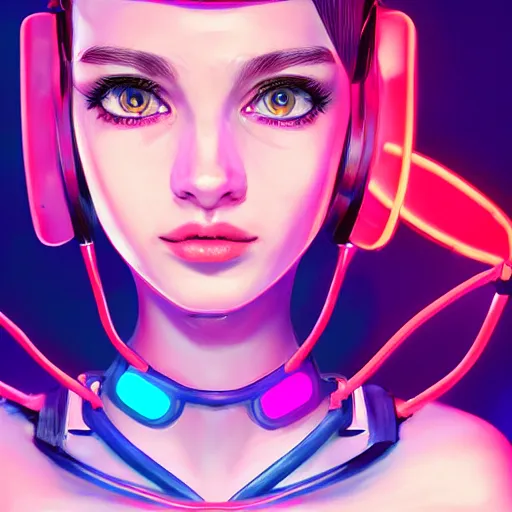 Image similar to portrait of a cute young woman with robot ears and eyes, 4k, sharp focus, neon colored fluorescent lighting, Andreas Rocha, perfect faces, fine details