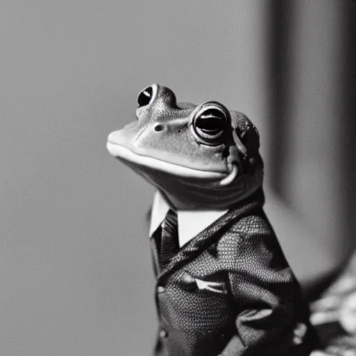 Image similar to An old photo of a sophisticated frog in a nice suit, he is totally lost and looking around