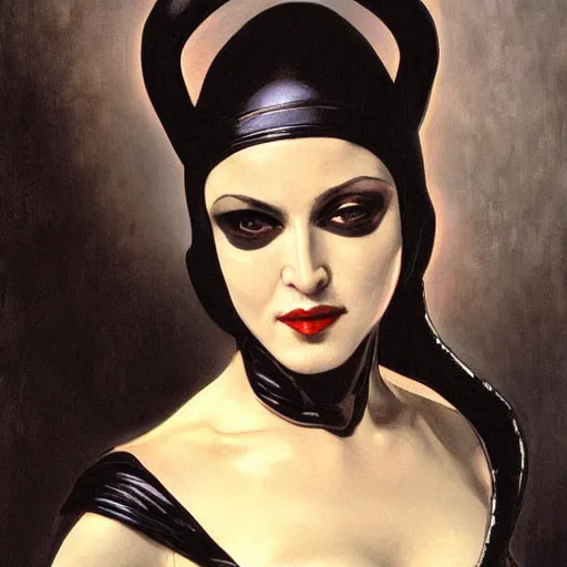 Image similar to Painting of Madonna as Catwoman from Batman Returns. Art by william adolphe bouguereau. Extremely detailed. Beautiful. 4K. Award winning.