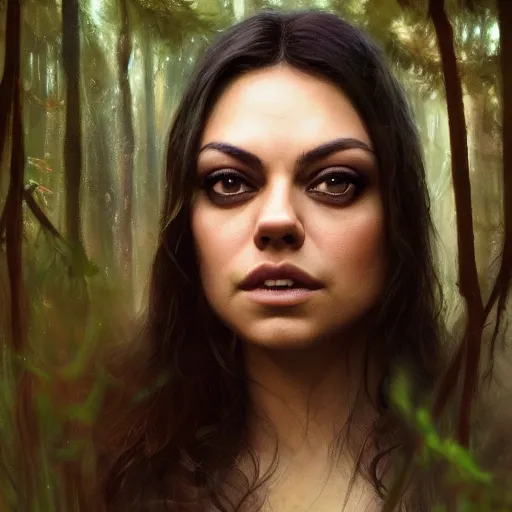 Prompt: a beautiful closeup portrait of mila kunis, magical forest background, serene colors, dramatic light, gorgeous view, depth, high detail, digital art, painted by seb mckinnon and greg rutkowski, trending on artstation