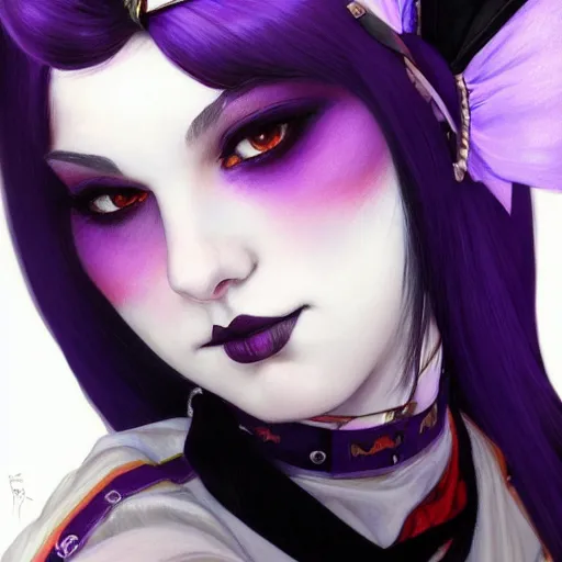 Prompt: a goth teen girl with black hair, white bangs, red irises, purple lipstick and a purple hairband with a bow, portrait, highly detailed, digital painting, artstation, concept art, sharp focus, illustration, art by artgerm and greg rutkowski and alphonse mucha