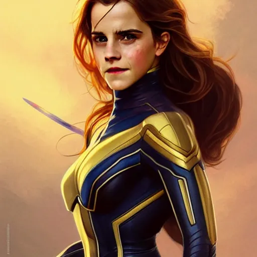 Prompt: beautiful Emma Watson as The Wasp from Marvel, western, closeup, D&D, fantasy, intricate, elegant, highly detailed, digital painting, artstation, concept art, matte, sharp focus, illustration, art by Artgerm and Greg Rutkowski and Alphonse Mucha