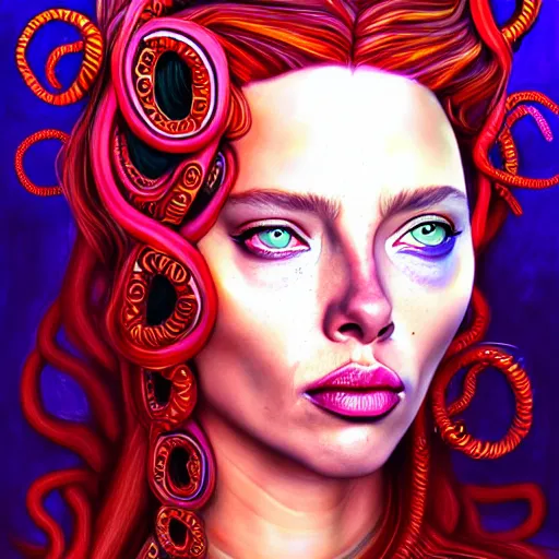 Image similar to an extremely psychedelic portrait of medusa as scarlett johanson, surreal, lsd, face, detailed, intricate, elegant, lithe, highly detailed, digital painting, artstation, concept art, smooth, sharp focus, illustration