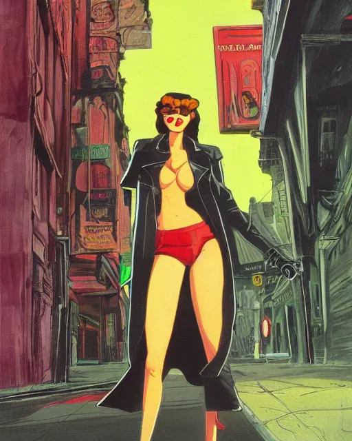 Image similar to young female protagonist in leather jacket, city street, artwork by ralph bakshi