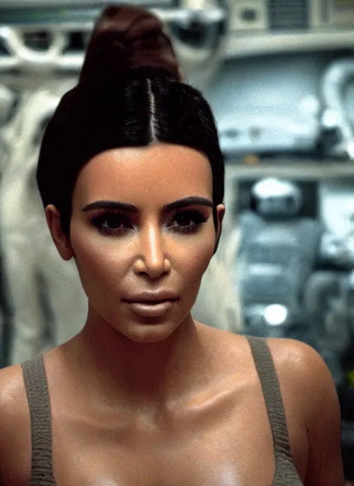 Prompt: movie still of kim kardashian wearing alien facehugger mask, in the movie alien. cinematic full shot.