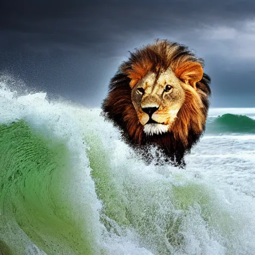 Image similar to a lion's face breaching through a wave, stormy weather