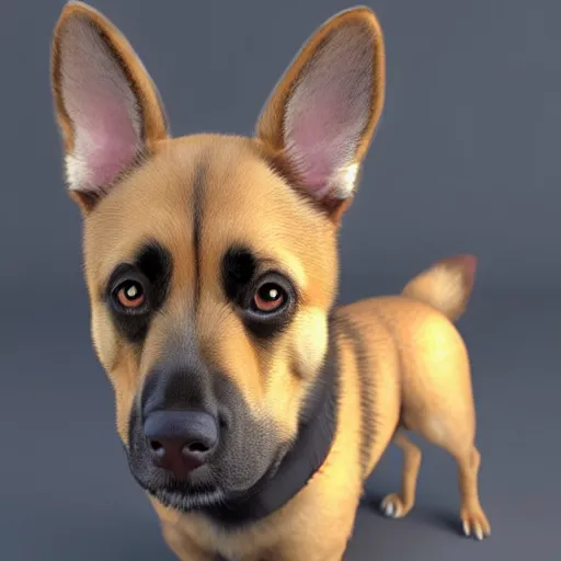 Image similar to 3 d model of german shepherd and chihuahua mixed breed dog, octane render, raytraced