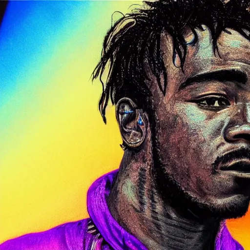 Prompt: synthwave lil uzi vert detailed face portrait, realistic, 8 k, ultra details, highly detailed face, sharp focus