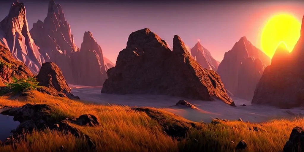 Image similar to a beautiful landscape, sun rises between two mountains, fantasy artwork by john stephans unreal engine 5, extremely detailed, hyper realism