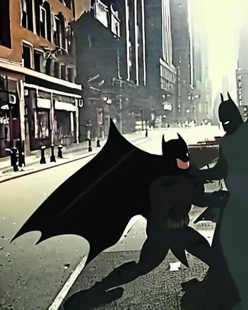 Prompt: Batman caught beating up a random guy in Gotham, security cam footage, realistic, real life, 720p, shot from far away, low quality footage, leaked footage, viral on instagram, viral on twitter, snapchat photo