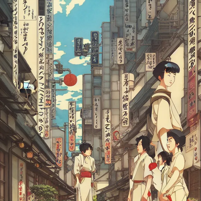 Prompt: japanese big city, summer, in the style of studio ghibli, j. c. leyendecker, greg rutkowski, artem