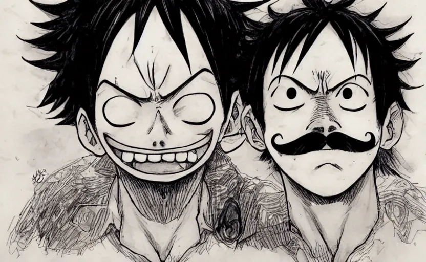 Image similar to [ luffy mustache ] ( by kim jung gi ) ( by kentaro miura )