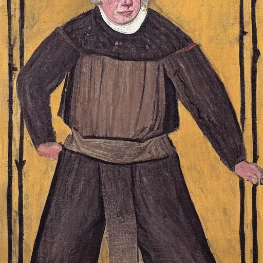 Image similar to boris johnson as a peasant from 1 2 th century england, exhibited in the british museum, oil on canvas, art, restored painting