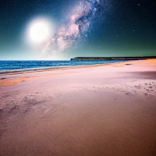 Image similar to planet on milky way as beach, water is galaxy