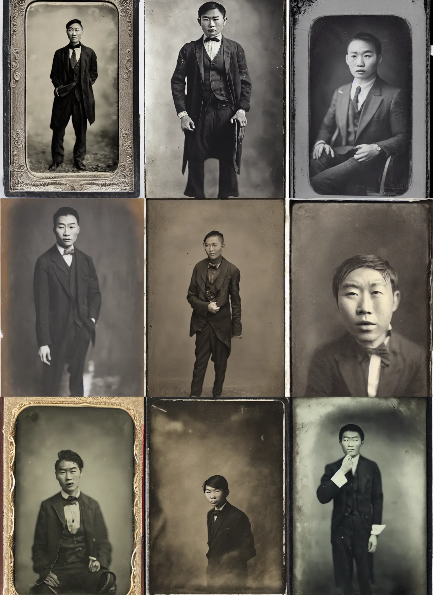 Prompt: wet plate photography young asian man in black suit riding rhinoceros