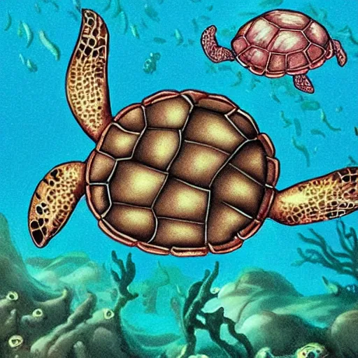 Prompt: A cursed, horrific turtle in the depths of the sea. It has serrated teeth.