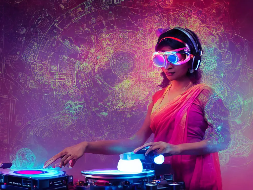 Image similar to an indian woman wearing goggles and visor and headphones using a retro record player contraption, hologram, turntablism dj scratching, screens, smoky atmosphere, intricate planetary gears, cinematic, imax, sharp focus, leds, bokeh, iridescent, black light, fog machine, hazy, lasers, hyper color digital art