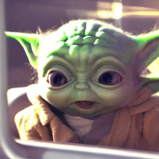 Image similar to baby yoda screaming at the mcdonalds drive thru window