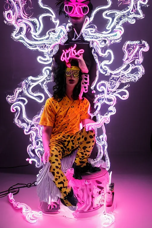 Image similar to full-body rococo and cyberpunk style neon statue of a young attractive Rafael wearing cholo shades macho dotado e rico android sim roupa reclining con las piernas abertas e la piroca dura, ethereal white dripping tar, glowing orange lasers, pink tigers, glowing eyes, silver prince crown, black gears, pink diamonds, swirling mint-colored silk fabric. futuristic elements. full-length view. human skulls. large intricate artwork by caravaggio. Trending on artstation, octane render, cinematic lighting from the right, hyper realism, octane render, 8k, depth of field, 3D