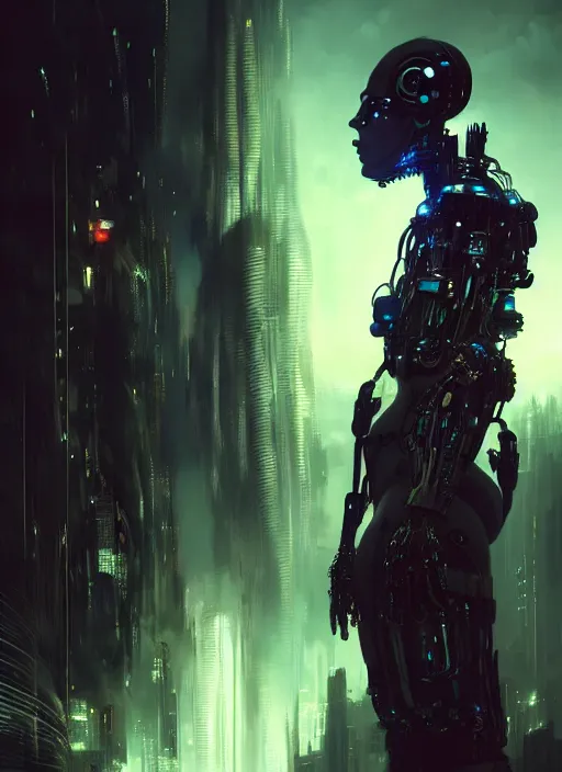 Image similar to Centered portrait shot of a human cyborg, cyberpunk, sci-fi fantasy, dramatic lighting, cinematic, establishing shot, extremely high detail, cinematic lighting, by Yoshitaka Amano, Ruan Jia, Kentaro Miura, Artgerm, post processed, concept art, artstation, style by eddie mendoza, raphael lacoste, alex ross, 8K, unreal engine, octane render