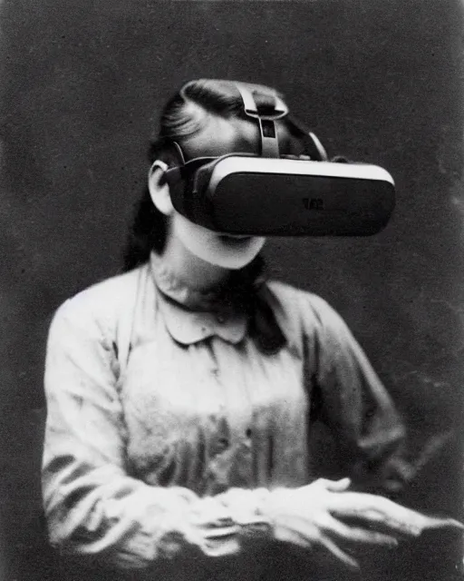 Image similar to 1 9 0 0 s photo of a person wearing a vr virtual reality headset photo grain double scratches dust exposure masterpiece