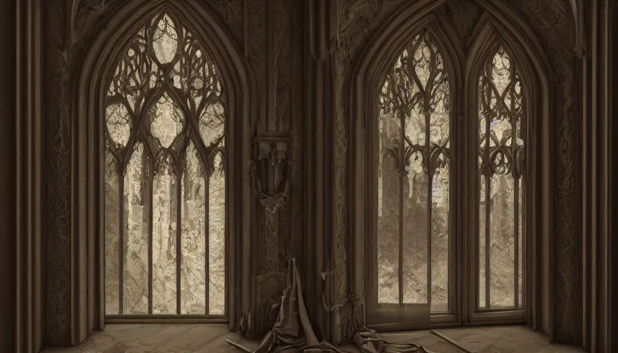 Image similar to Window of a Neo-Gothic castle with a shadow behind, horror, hyperdetailed, artstation, cgsociety, 8k